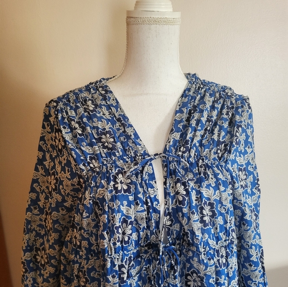 J. Crew Tiered Tie-front Beach Dress Cobalt Blue Floral Cotton Voile Size XXL - Picture 3 of 7